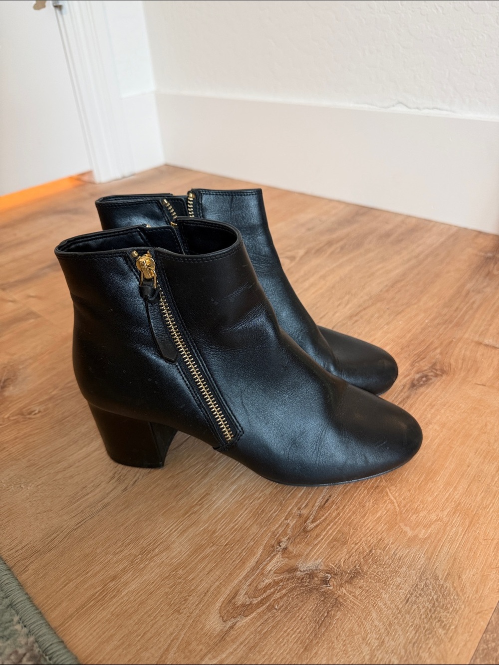 Cole Haan Black Leather Ankle Boots with Gold Zipper